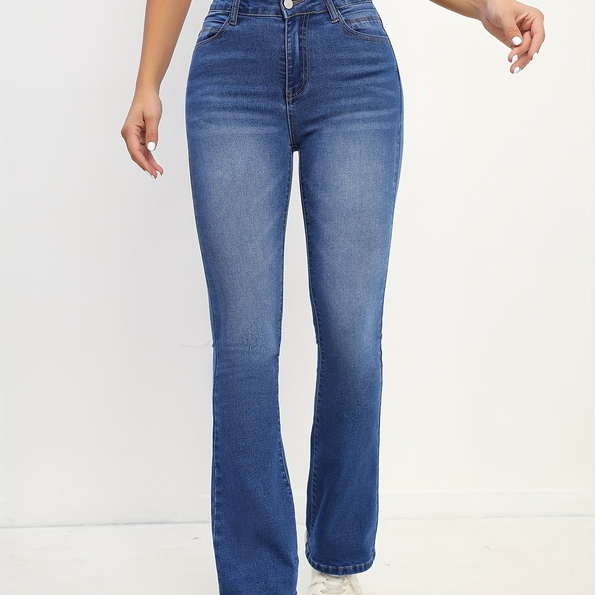 gbolsos  Stretchy Washed Blue Boot-Cut Jeans, High Rise Stylish Slash Pocket Denim Pants, Women's Denim Jeans & Clothing