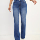 gbolsos  Stretchy Washed Blue Boot-Cut Jeans, High Rise Stylish Slash Pocket Denim Pants, Women's Denim Jeans & Clothing