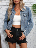 Blue Long Sleeves Denim Coats, Single-Breasted Button Flap Pockets Cropped Lapel Denim Jackets, Women's Denim Clothing