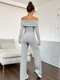 Ribbed Off Shoulder Jumpsuit, Casual Long Sleeve Jumpsuit For Spring & Fall, Women's Clothing