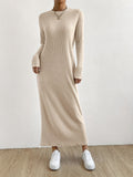 Solid Ribbed Knit Maxi Dress, Casual Crew Neck Long Sleeve Straight Maxi Dress For Fall & Winter, Women's Clothing