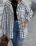 Houndstooth Print Button Front Shirt, Casual Long Sleeve Shirt For Spring & Fall, Women's Clothing