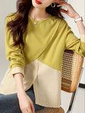 Striped 2 In 1 Blouse, Elegant Crew Neck Long Sleeve Blouse, Women's Clothing