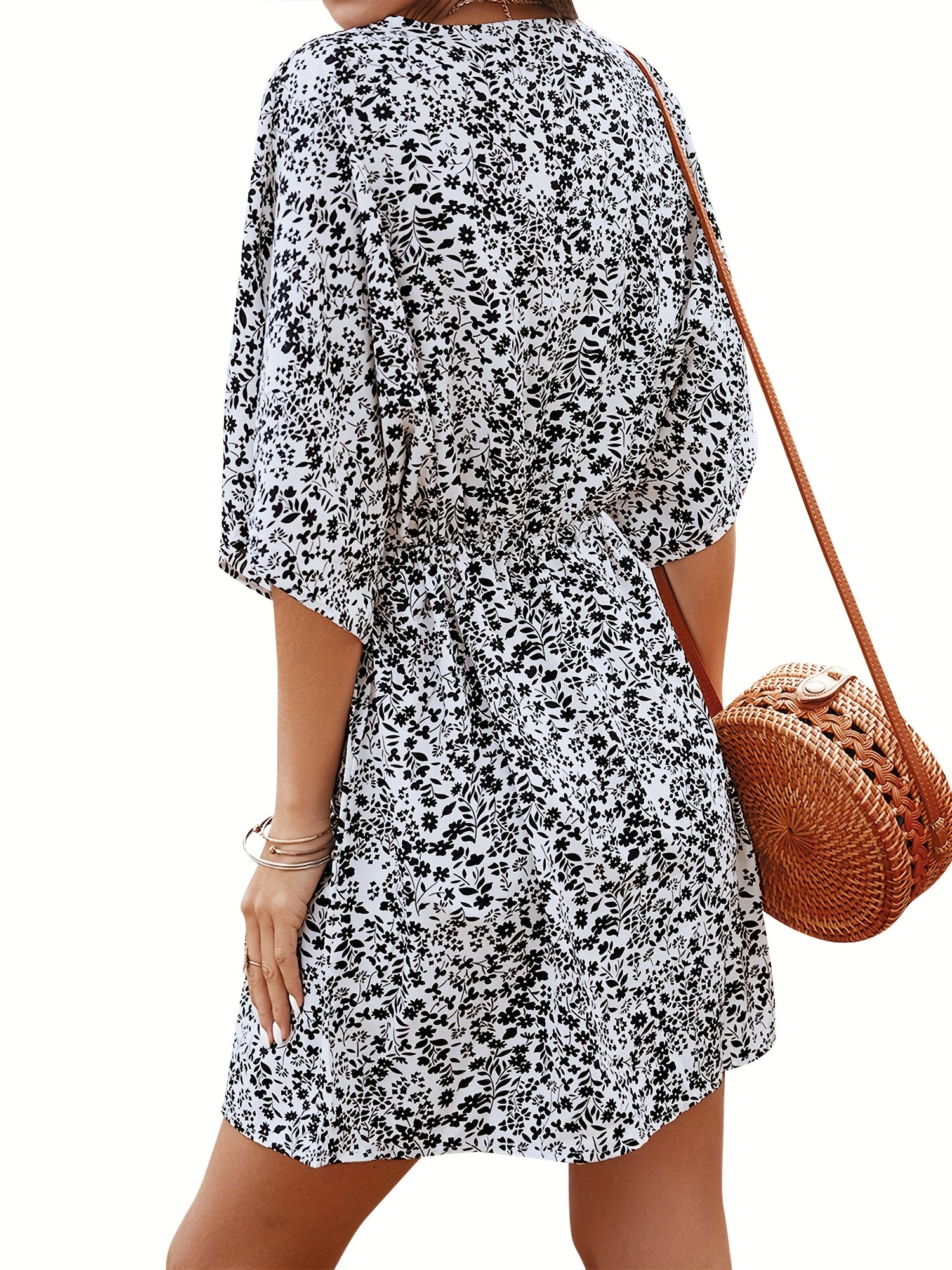 Floral Print V Neck Button Front Dress, Casual Loose Sleeve Dress For Summer, Women's Clothing