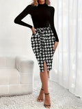 Houndstooth Print Splicing Dress, Elegant Mock Neck Long Sleeve Dress, Women's Clothing