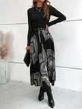Abstract Print Long Sleeve Dress, Elegant Round Neck A-line Dress For Spring & Fall, Women's Clothing
