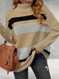 gbolsos  Plus Size Casual Sweater, Women's Plus Colorblock Long Sleeve Turtle Neck Slight Stretch Sweater