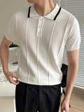 Knitting Short Sleeve Polo Shirts, V-neck Button Up Casual Tops, Men's Clothing
