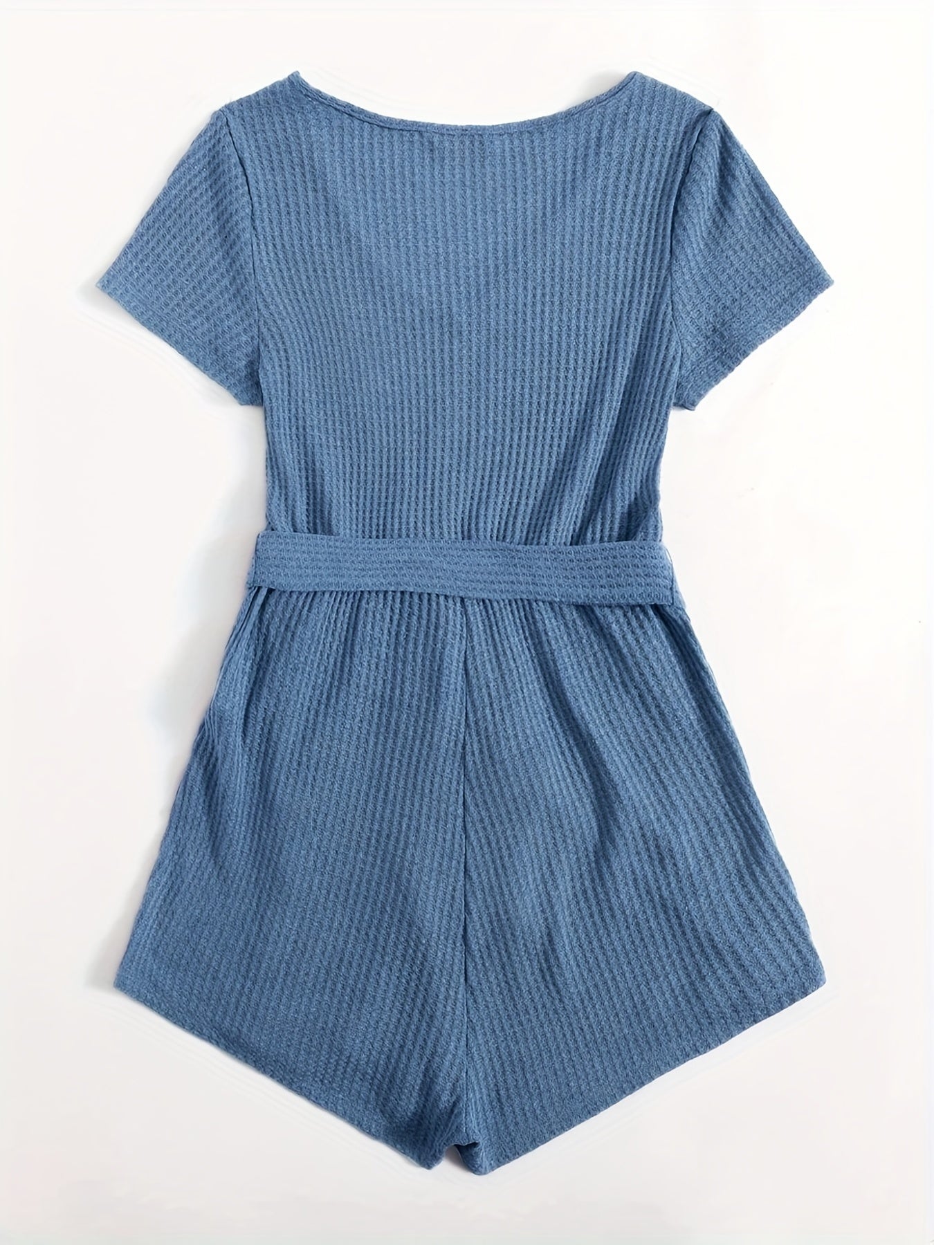 elveswallet  Waffle Knit Short Sleeve Jumpsuit, V Neck Casual Jumpsuit For Summer & Spring, Women's Clothing