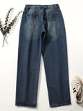 Rolled Hem Single-breasted Closure Denim Pants, Straight Legs Loose Fit Casual Denim Jeans, Women's Denim Jeans & Clothing