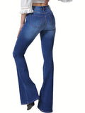 gbolsos Blue High Waist Bootcut Jeans, Slim Fit High Stretch Ripped Holes Double Button Denim Pants, Women's Denim Jeans & Clothing