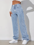 Light Blue Versatile Straight Jeans, Loose Fit Slash Pockets Baggy Denim Pants, Women's Denim Jeans & Clothing