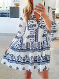 Geo Pattern Notched Neck Dress, Long Sleeve Casual Dress For Spring & Fall, Women's Clothing