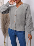 Solid V Neck Button Up Cardigan, Casual Lantern Sleeve Sweater, Women's Clothing