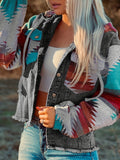 Multicolor Aztec Print Frayed Hem Denim Jacket, Street Pockets Loose Outerwear, Women's Clothing