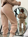gbolsos  2pcs Solid Color Casual Suits, Long Sleeve Hooded Sweatshirts & High Waist Slant Pockets Jogger Pants Set, Women's Clothing