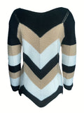 gbolsos  Hollow Color Block Knit Sweater, Casual Versatile Long Sleeve Sweater, Women's Clothing