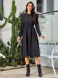 Solid Cinched Waist Midi Dress, Elegant Crew Neck Long Sleeve Dress, Women's Clothing