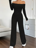 Ribbed Off Shoulder Jumpsuit, Casual Long Sleeve Jumpsuit For Spring & Fall, Women's Clothing