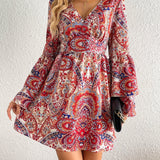 Paisley Print Layered Dress, Boho V Neck Long Sleeve Pleated Dress, Women's Clothing