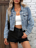 Blue Long Sleeves Denim Coats, Single-Breasted Button Flap Pockets Cropped Lapel Denim Jackets, Women's Denim Clothing