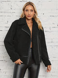 Solid Zipper Lapel Teddy Coat, Versatile Long Sleeve Thermal Coat For Fall & Winter, Women's Clothing