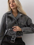 gbolsos  Faux Leather Pockets Motor Jacket, Casual Long Sleeve Crop Jacket For Fall & Winter, Women's Clothing