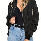 Plus Size Casual Coat, Women's Plus Solid Zip Up Lone Sleeve Bomber Jacket With Pockets