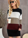 gbolsos   Plus Size Sexy Sweater Dress, Women's Plus Colorblock Long Sleeve Round Neck Slim Fit Knitted Sweater Dress