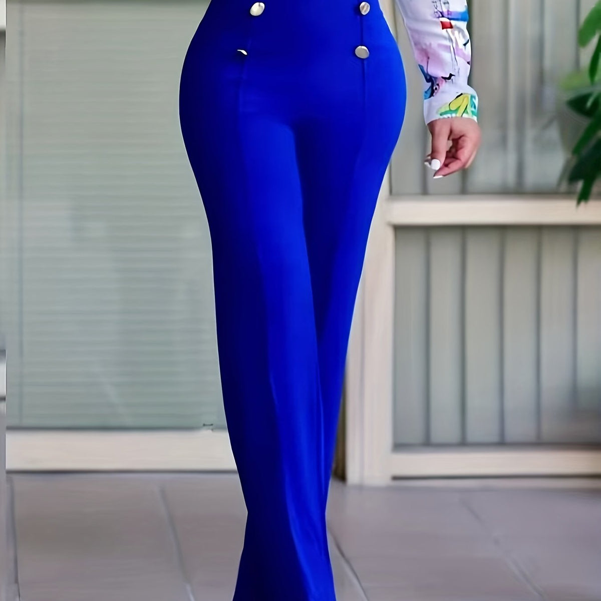 Plus Size Elegant Pants, Women's Plus Solid Button Decor High Rise Wide Leg Trousers