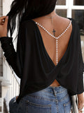 kkboxly  Black Open Back Blouse, Beaded Strap Asymmetric Boat Neck Top, Elegant Casual Tops For All Occasions, Women's Clothing