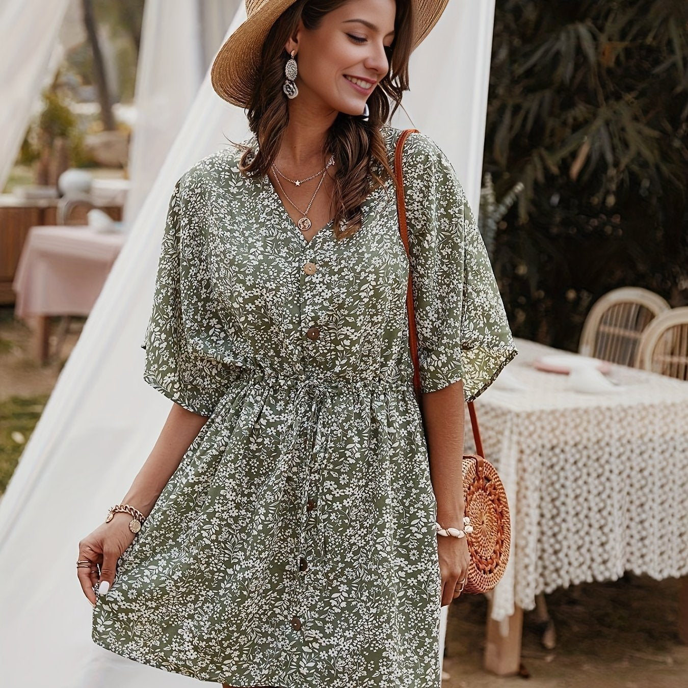 Floral Print V Neck Button Front Dress, Casual Loose Sleeve Dress For Summer, Women's Clothing