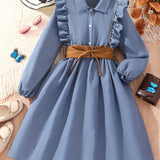 Girl's Casual Dress Button Collar Belted Pleated A Line Midi Dress Long Sleeve Ruffle Trim Shirt Dresses