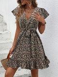 gbolsos  Floral Print Ruffle Hem Dress, Elegant V-neck Dress For Spring & Summer, Women's Clothing