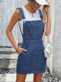 gbolsos  Blue Slash Pockets Denim Dress, Side Single-Breasted Button Non-Stretch Denim Dress, Women's Denim Clothing