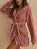 Simple Solid Fuzzy Night Robe, Casual Long Sleeve Hooded Robe With Belt & Pockets, Women's Sleepwear