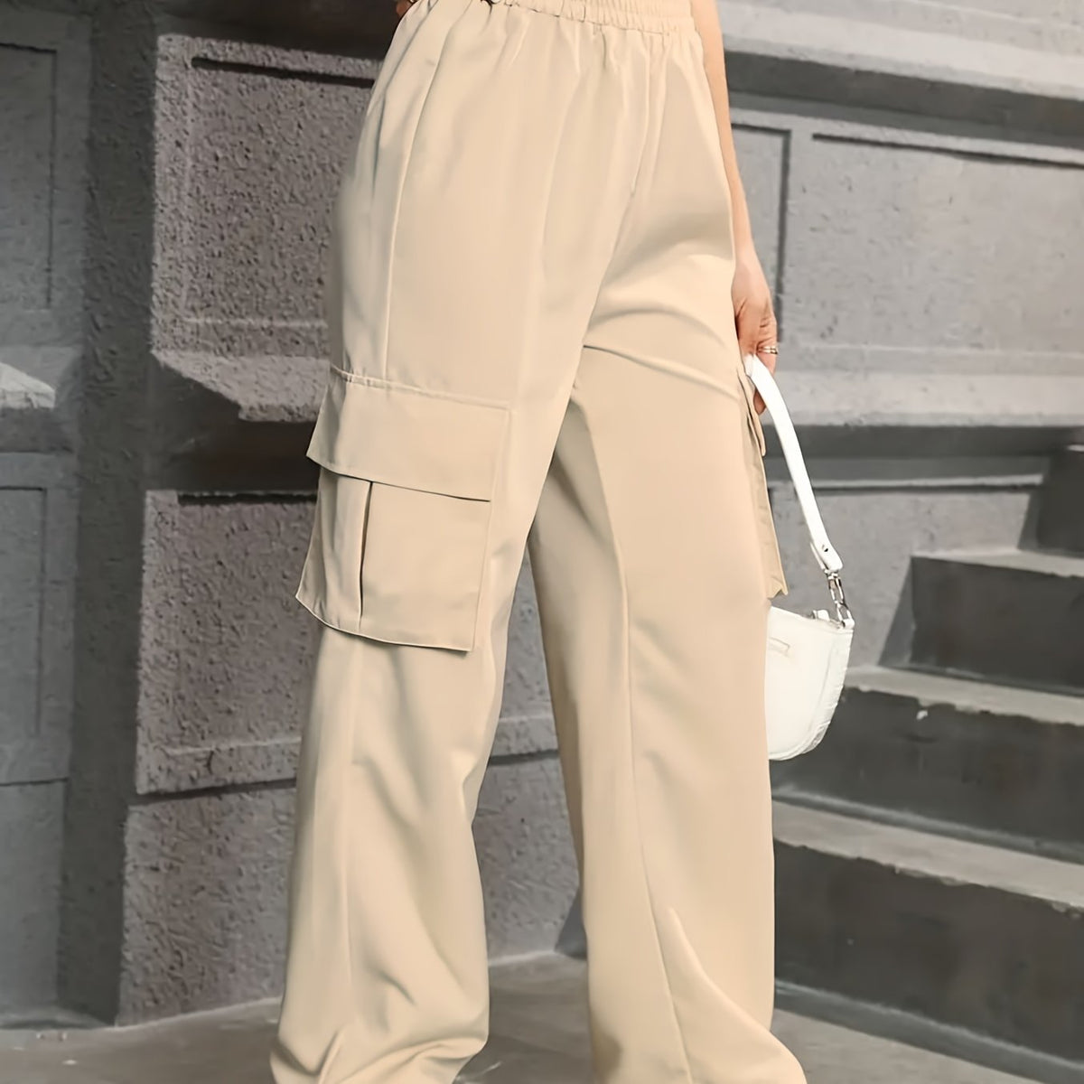 gbolsos  Straight Leg Cargo Pants, Y2K High Waist Solid Pants For Spring & Fall, Women's Clothing