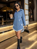 gbolsos  Blue Frayed Trim Denim Jackets, Ripped Holes Long Sleeves Lapel Long Denim Coats, Women's Denim Clothing