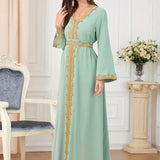 Lace Trim Kaftan Dress, Elegant V Neck Long Sleeve Maxi Dress, Women's Clothing