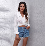 gbolsos  Y2K Lantern Sleeve Cross Shirts, Casual Solid V Neck Night Out Blouses Tops For Party & Club, Women's Clothing