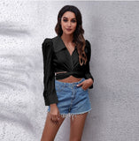 gbolsos  Y2K Lantern Sleeve Cross Shirts, Casual Solid V Neck Night Out Blouses Tops For Party & Club, Women's Clothing