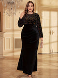 gbolsos  Plus Size Elegant Bridesmaid Dress, Women's Plus Shiny Sequin Long Sleeve Round Neck Mermaid Hem Bodycon Party Dress