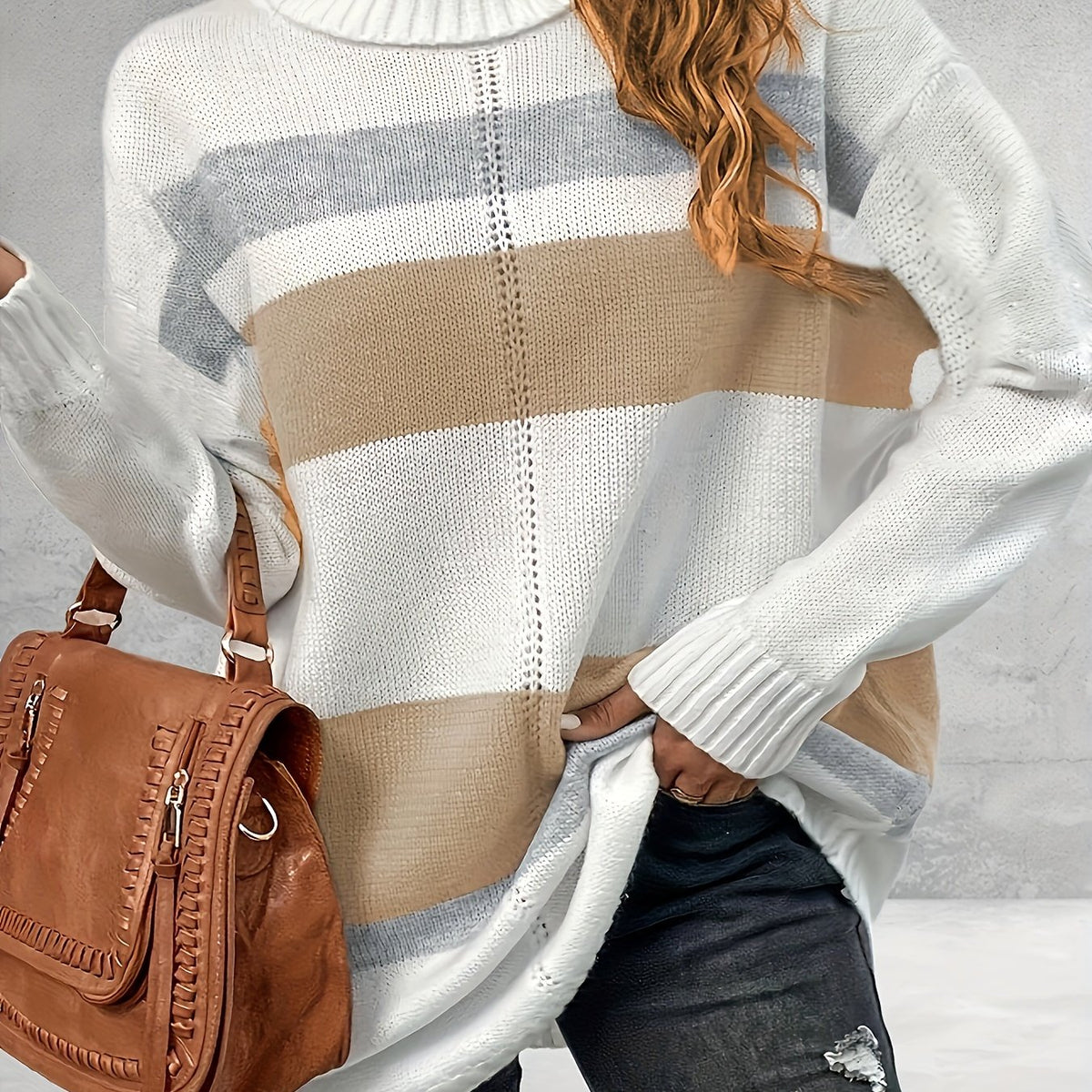 gbolsos  Plus Size Casual Sweater, Women's Plus Colorblock Long Sleeve Turtle Neck Slight Stretch Sweater