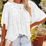 gbolsos  Casual Lace Flare Sleeve Blouse, Short Sleeve Crew Neck Solid Blouse, Casual Every Day Tops, Women's Clothing