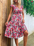 gbolsos  Vintage Floral Print Tiered Dress, Ruffle Trim V Neck Casual Dress For Summer & Spring, Women's Clothing