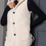 Solid Hooded Teddy Vest, Casual Button Front Sleeveless Warm Outerwear, Women's Clothing