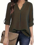 Solid Simple Blouse, Casual V Neck Long Sleeve Blouse, Women's Clothing