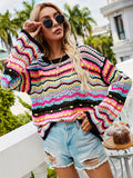 gbolsos  Hollow Striped Knit Sweater, Casual Crew Neck Long Sleeve Sweater, Women's Clothing