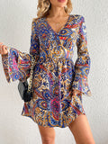 Paisley Print Layered Dress, Boho V Neck Long Sleeve Pleated Dress, Women's Clothing