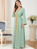 Lace Trim Kaftan Dress, Elegant V Neck Long Sleeve Maxi Dress, Women's Clothing